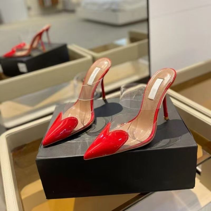 New Patent Leather Pointed-Toe High-Heeled Sandals for Women with a Transparent Heart Design, Elegant and Sexy, Half-Slip on Stiletto Heel Mules