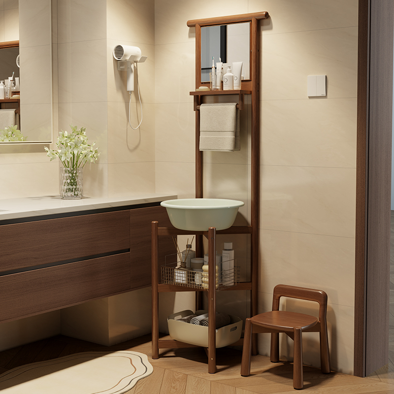 Shangxinge Traditional Solid Wood Washbasin Stand with Mirror, Household Storage Basin Rack, Rural Floor-Standing Washbasin Stand