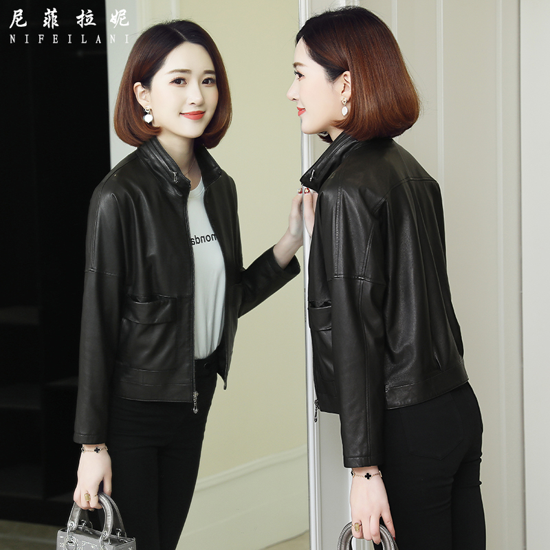 Locomotive Jacket Woman Short Section 2022 New Early Spring Close-up Sea Ning Sheep Leather Leather Clothes Small Leather Jacket Korean Version