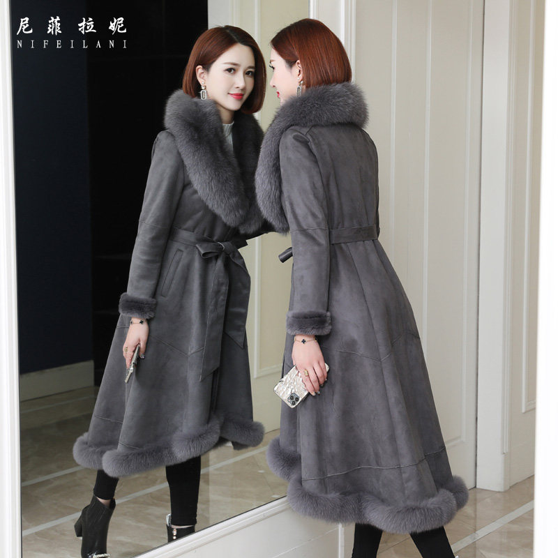 Clearance treatment Haining winter leather fur coat women's mid-length fox fur collar Rex rabbit fur coat