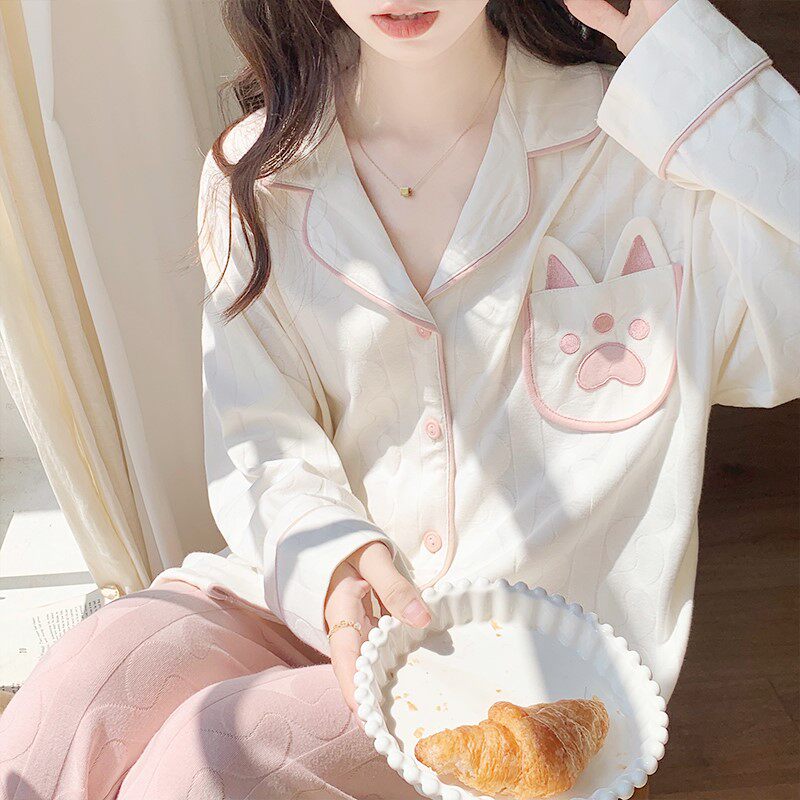 CaltoKrosa~high - end custom pajamas woman spring and autumn pure cotton long sleeve two pieces of loose and cute home suit