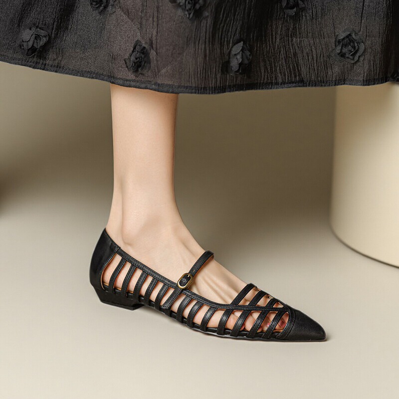 French-Style Exquisite Niche Sandals for Women, Pointed Toe, Low Heel, Genuine Leather, Shallow Mouth, Buckle Strap, Woven, Hollow, Breathable Single Shoes for Summer
