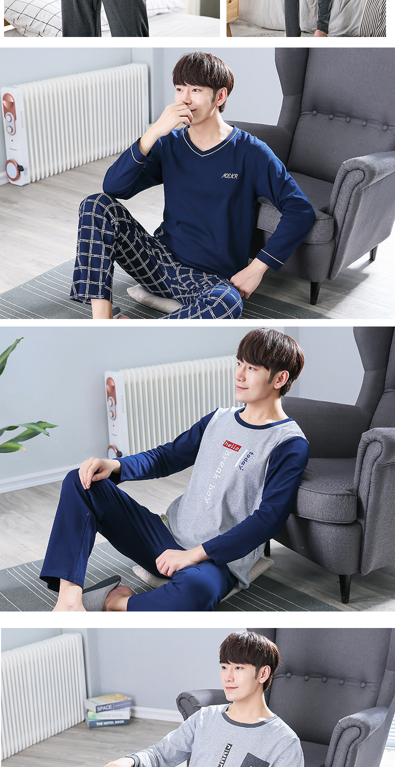 Bộ đồ ngủ nam mùa xuân và mùa thu cotton dài tay phục vụ giới trẻ cộng với phân bón XL có thể mặc bên ngoài bộ đồ cotton đồ bộ mặc nhà cao cấp hàn quốc