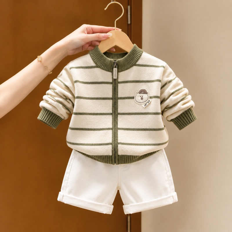 Korean Retro Striped Children's Round-Neck Zipper Sweater with Cartoon Bear Embroidery, Soft Knitted Jacket for Boys and Girls Korean Retro Striped Children's Round-Neck Zipper Sweater with Cartoon Bear Embroidery, Soft Knitted Jacket for Boys and Girls