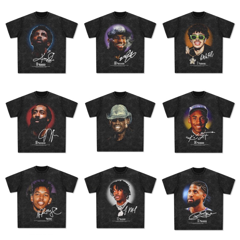 Curry Kobe Irving Harden James Morant Three-Ball American Star T-Shirt Retro Printed Washed Short Sleeves