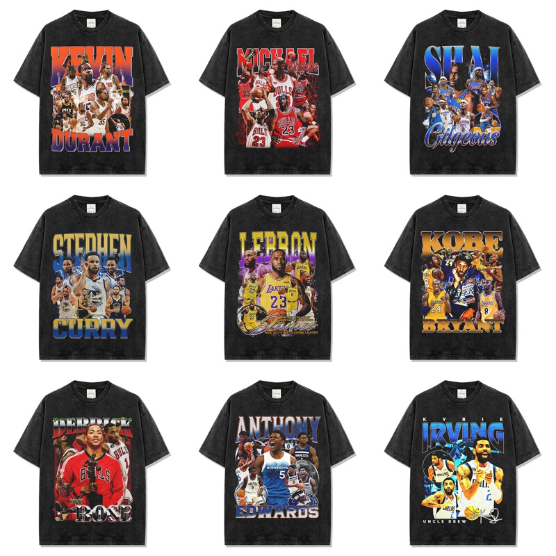James Curry Durant Kobe Irving Morant American Star T-Shirt Retro Print Washed Short-Sleeve