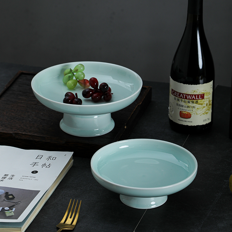 Jingdezhen Shadow Blue Ceramic High-Footed Tea Snack Fruit Plate, High-Footed Plate, Fruit Plate, Chinese-Style Living Room Tea Table Use