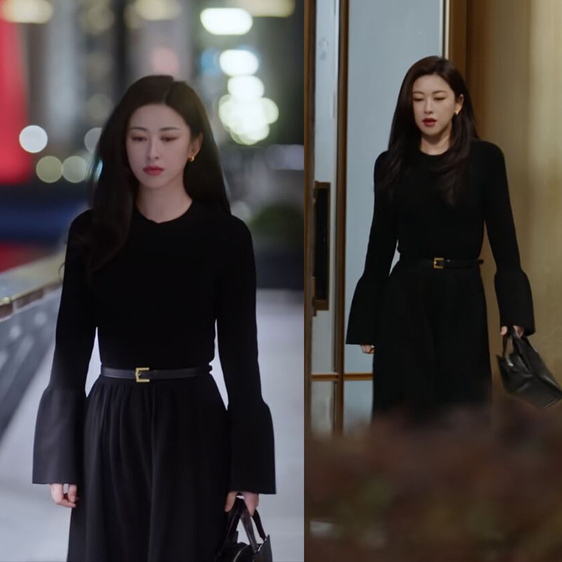 Black Dress with Bell Sleeves, Same Style as Xu Miyu from the Show "Honey Words", Slim Fit, Flared Hem, Flattering and Elegant