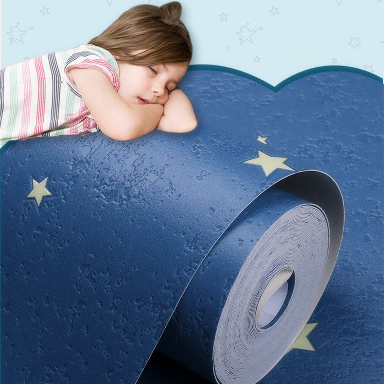 Blue children's room star wallpaper warm green cartoon boy girl bedroom starry sky pink brush glue wallpaper