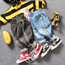 Children Jeans Spring Autumn New Pint Boy Kids Washed black and white Spelled Side Loose Casual Long Pants Tide