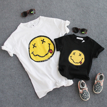Parent-child short sleeve T-shirt Funny Smiley face Summer Korean version Child clothes Men and women Child moms cotton Half sleeves Chaochio