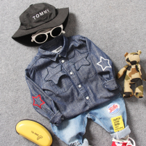 Child Denim Shirt Spring Autumn Winter Child Clothing New boy Baby pentagram Turned Collar Long Sleeve Shirt 100 lap