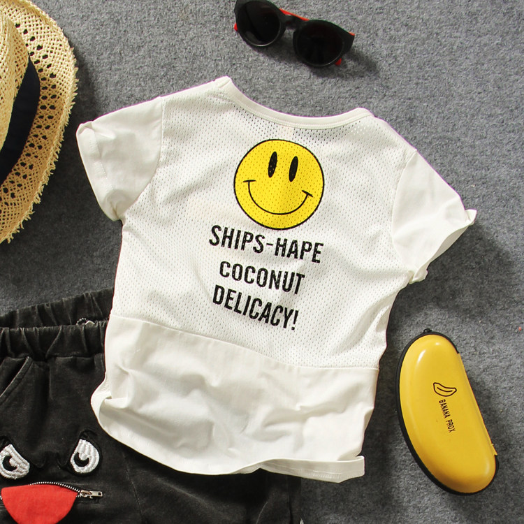 Children's Short - sleeved T - shirt Summer boy's smile printed net hollow splice cool half - sleeve T - shirt tide