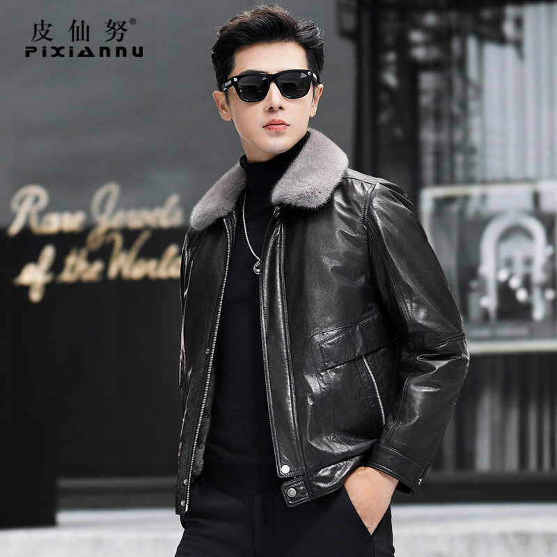 Genuine Leather Leather Clothing Male mink liner Mountain Sheep leather jacket Short Flap Fur Integrated Mink Leather Big Coat Overcoat Winter Style-Taobao