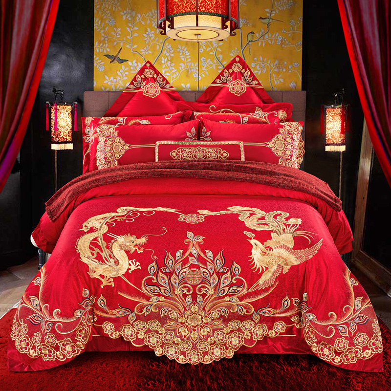 Wedding big red four-piece set Wedding embroidery bedding 60 satin couple quilt cover More than 60 sets of newlyweds