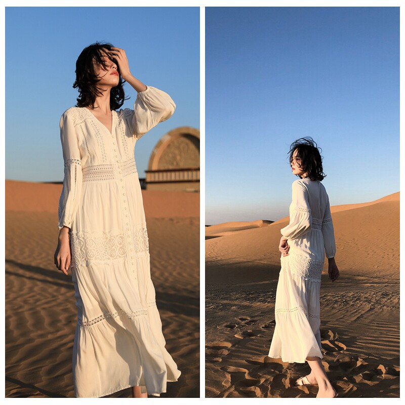Sanya white dress photo forest fairy seaside holiday long dress sunscreen long sleeve beach dress female super fairy