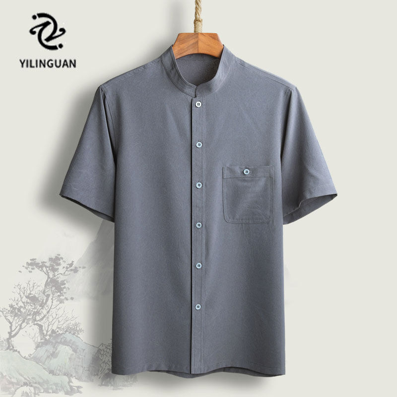 Ice silk short sleeve shirt summer male middle-aged and elderly person stand collar shirt men's casual father dress loose thin Tang suit men
