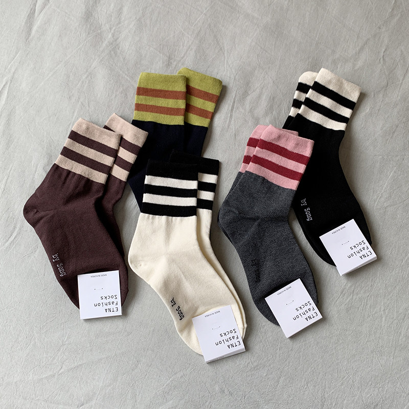 Two Bars Korean Version Sports Lady Socks Mid Spring Summer Pure Cotton Striped Sweat-resistant Tide College Wind