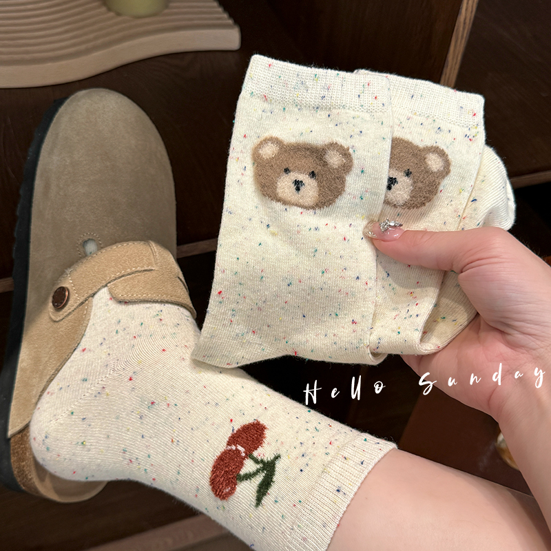 Cute Socks for Women, Mid-Calf Socks, Dotted Yarn, Pure Cotton, Spring and Autumn Style, Bear Design, Trendy Korean Cartoon, Japanese Style, Colorful Dots, Winter Cute Socks for Women, Mid-Calf Socks, Dotted Yarn, Pure Cotton, Spring and Autumn Style, Bear Design, Trendy Korean Cartoon, Japanese Style, Colorful Dots, Winter