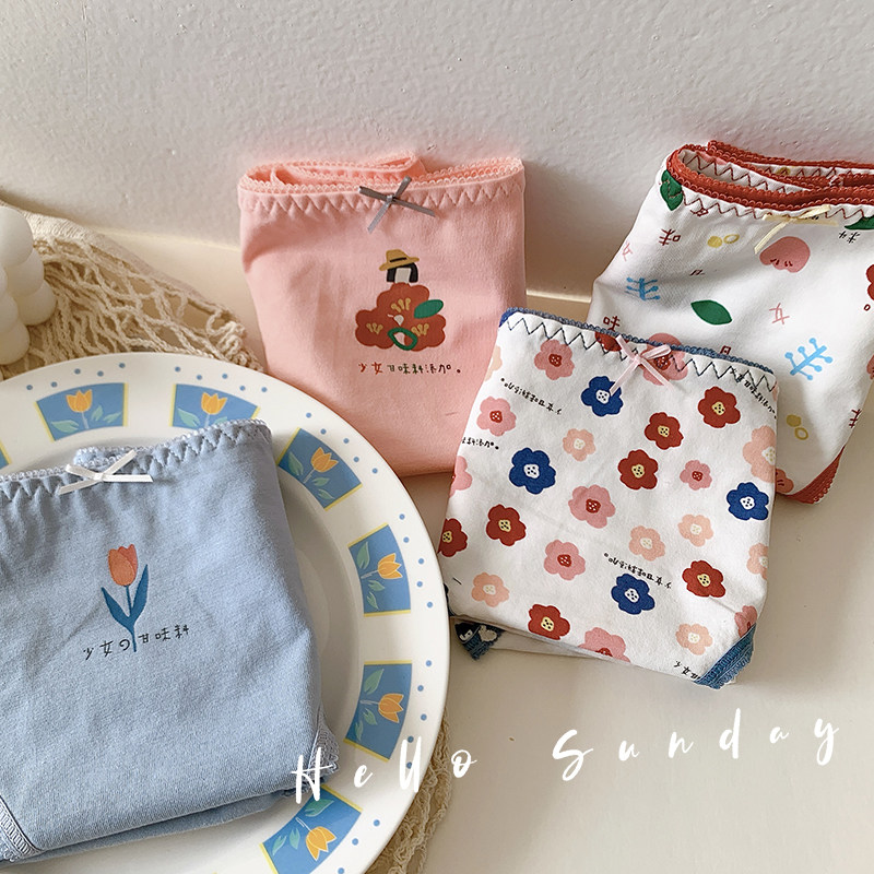 Small fresh girl summer thin panties pure cotton bow cute flower briefs breathable Japanese
