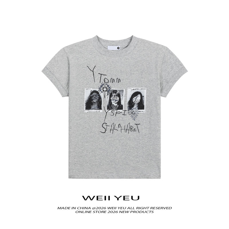 Weii Yeu American Retro Creative Character Print Short-Sleeve Women's Boxy Regular Shoulder T-Shirt, Loose and Versatile Top for Women