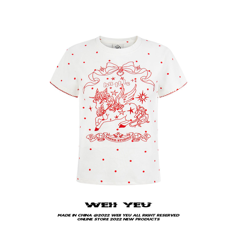 Weii Yeu American Retro Year of the Horse Unicorn Embroidery Color-Block Short-Sleeve Slim-Fit Round-Neck Regular Shoulder Versatile T-Shirt for Women