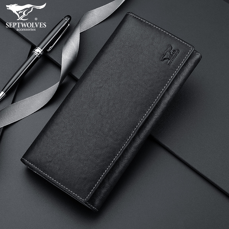 Seven Wolves Men's Wallet Tide Cards Long Version Men's Real Leather Money Clip Luxury Brands Head Layer Soft Cow Leather Wallet Daddy