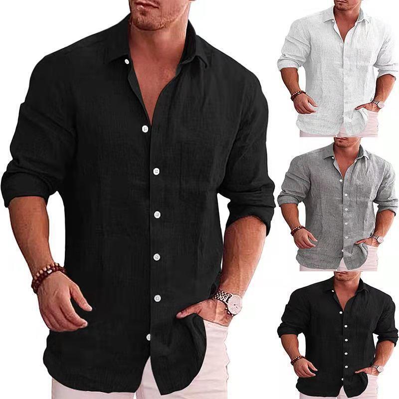 2024 Amazon Ebay Foreign Trade Men's Loose Large Size Solid Color Shirt Linen Lapel Long Sleeve Casual Shirt for Men