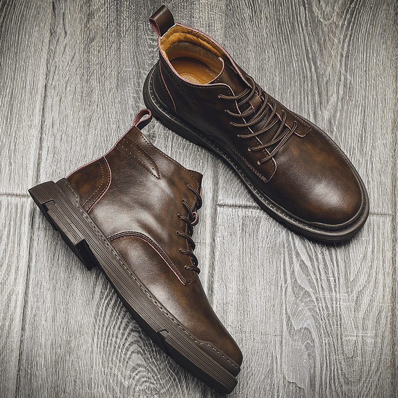 Martin boots men's mid-tube tooling boots British style spring breathable short boots all-match high tube trendy shoes Korean leather boots