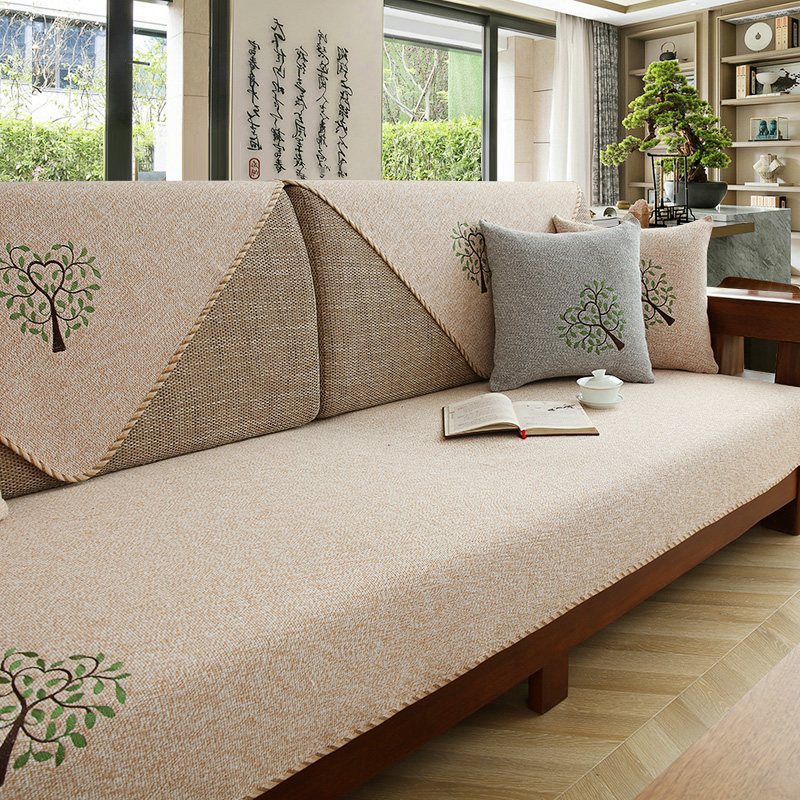 Solid wood sofa cushion four seasons universal fabric cotton linen non-slip cushion new Chinese style sofa cover simple back towel