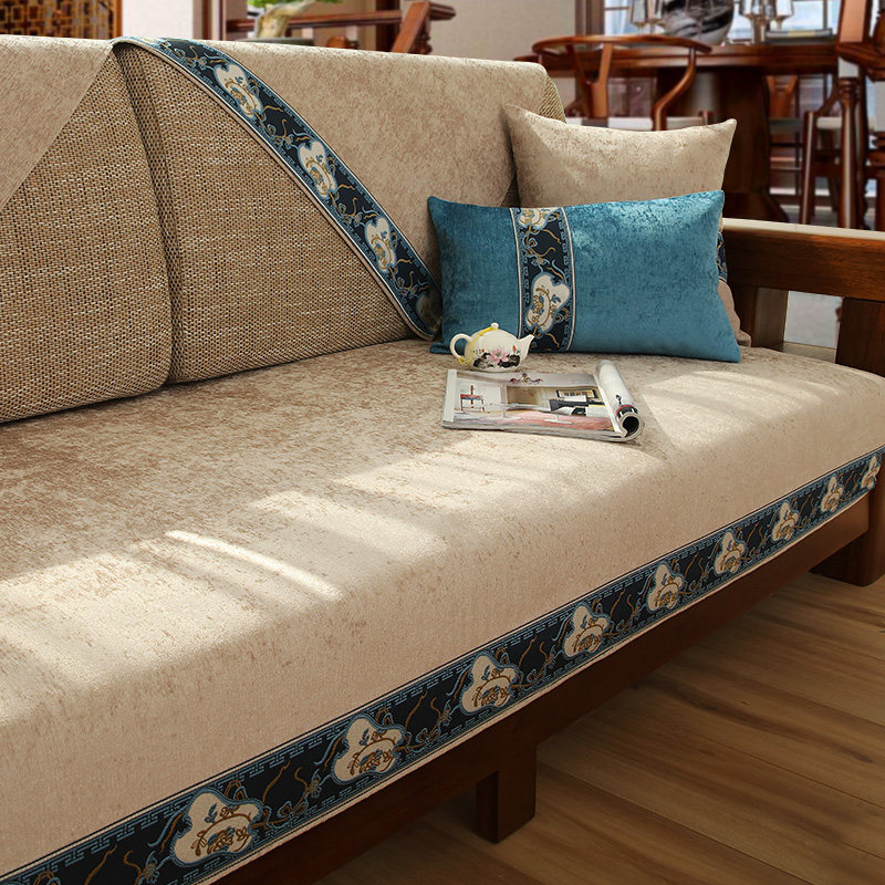 Chenille solid wood sofa cushion new Chinese style fabric non-slip cushion simple modern sofa cover set with backrest