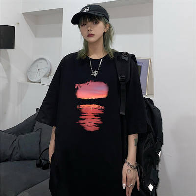 Mom Chicken Mom ins street casual wear summer sunset print loose and versatile T-shirt top for men and women short sleeves