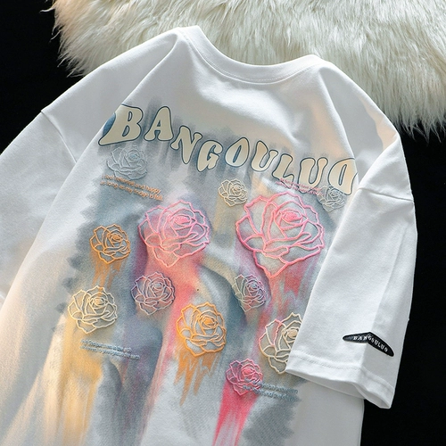 Трендовая футболка с коротким рукавом для влюбленных для отдыха, в американском стиле, в цветочек