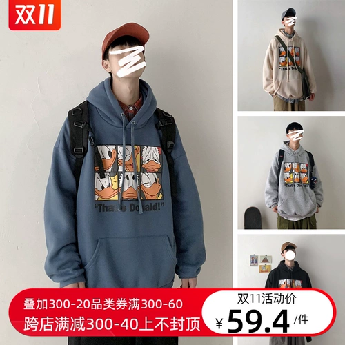 Свитшот с капюшоном, трендовые джинсы с начесом для отдыха, мультяшная утепленная куртка для школьников, в корейском стиле, оверсайз