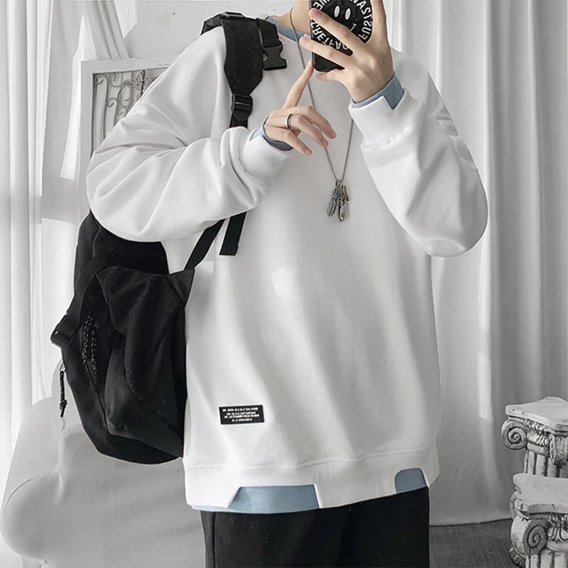 Fake two sweater men autumn and winter Korean trend new solid color jacket loose design sense Joker clothes