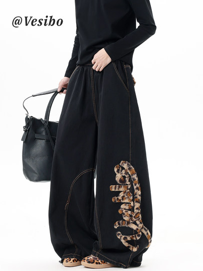 Мужские джинсы в американском стиле с модным леопардовым принтом, весенние брюки-сцимитары с вышивкой, винтажные широкие брюки в пол