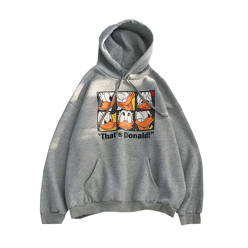 Свитшот с капюшоном, трендовые джинсы с начесом для отдыха, мультяшная утепленная куртка для школьников, в корейском стиле, оверсайз