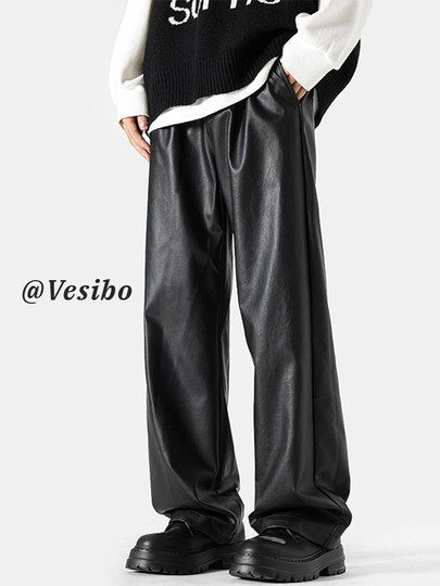 美式高街pu皮裤男冬潮牌宽松阔腿休闲裤子oversize复古百搭机车裤