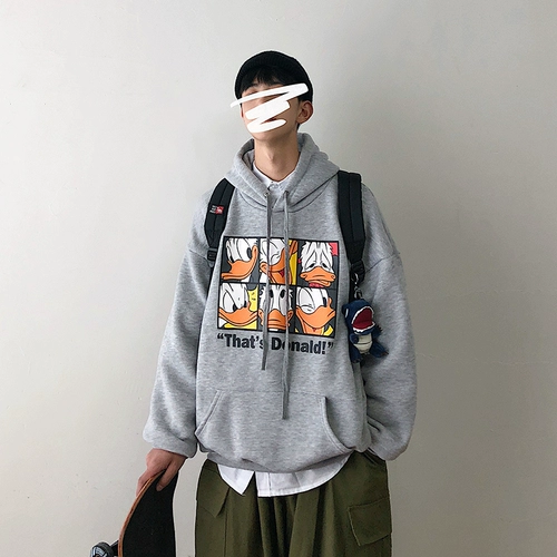 Свитшот с капюшоном, трендовые джинсы с начесом для отдыха, мультяшная утепленная куртка для школьников, в корейском стиле, оверсайз