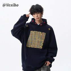 American-Style Embroidered Hooded Sweatshirt for Men, Autumn Design, Loose Patchwork Sports Hoodie, High Street Versatile Couple's Jacket
