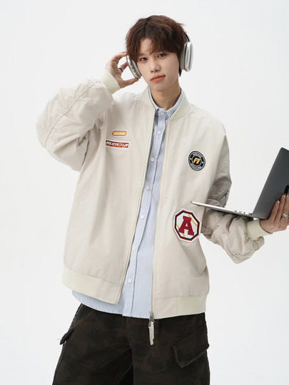 Chaqueta americana con cuello de béisbol para hombre, diseño de insignia retro de invierno, ropa de motocicleta, ropa de trabajo holgada de calle, chaqueta de moda