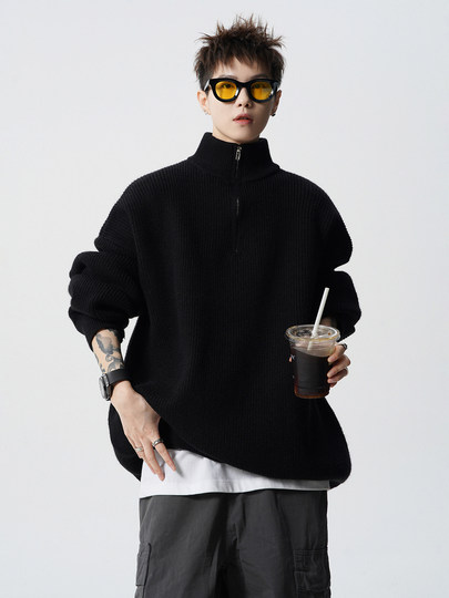 潮牌半拉链毛衣外套男冬季美式慵懒风情侣针织衫oversize百搭线衣