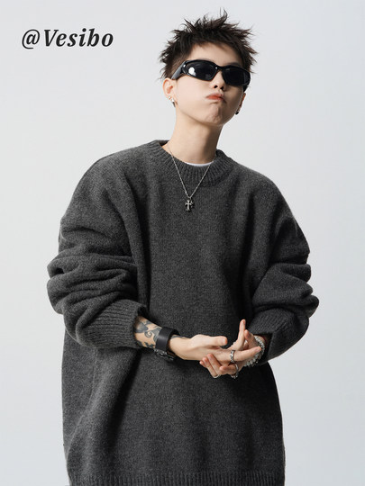 American-Style Solid Color Pullover Knit Sweater for Men, Winter Trendy Vintage Round Neck Base Sweater, Casual Style Couple Knitwear