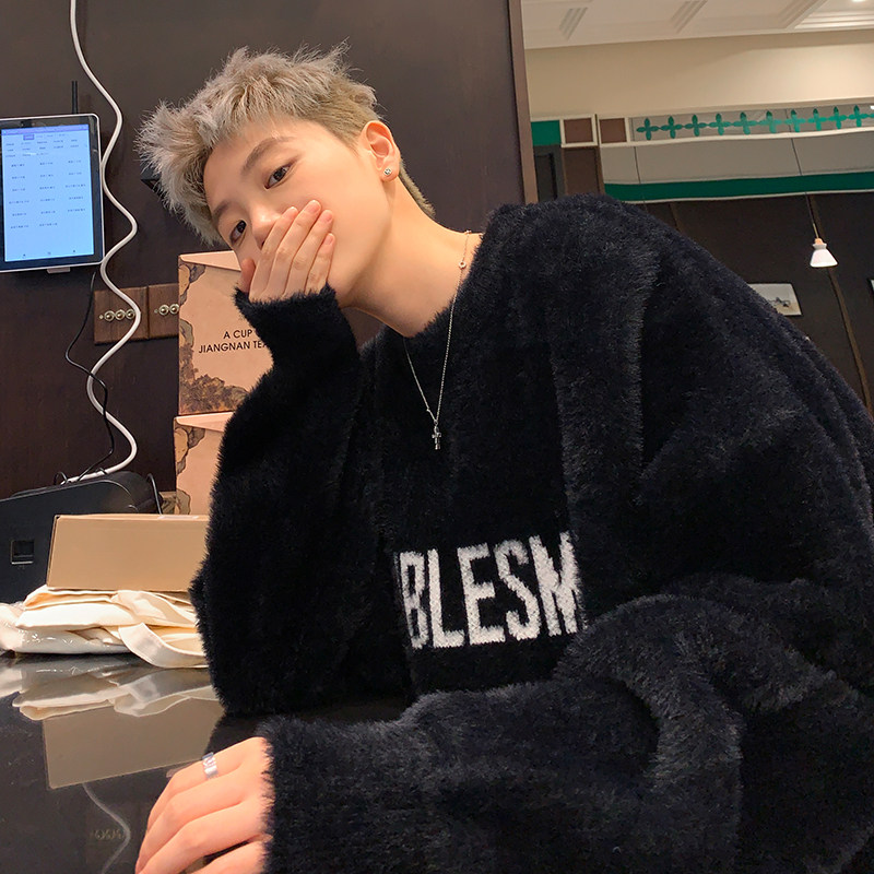 Heavy weights Mahiao wool knitted sweatshirt male autumn winter port Wind High Street Tide Cards 100 Hitch Lovers Sweater Warm And Lazy Wind Wire Clothe-Taobao