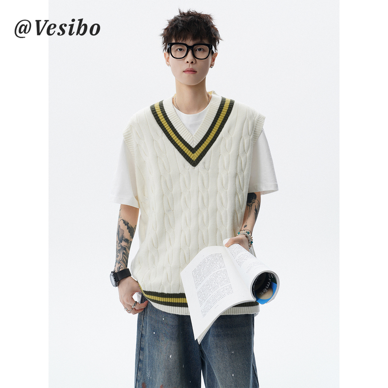 Trendy College-Style Knitted Vest for Men, Autumn High-Street Couple's Inner Wear, American-Style Cable Knit Striped V-Neck Sweater