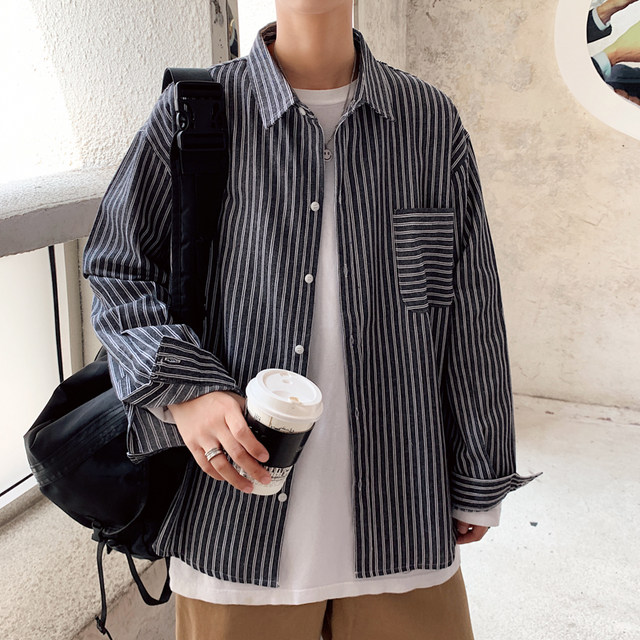 Striped shirt men's three-quarter sleeve shirt Korean style trendy handsome casual couple top clothes summer long-sleeved jacket