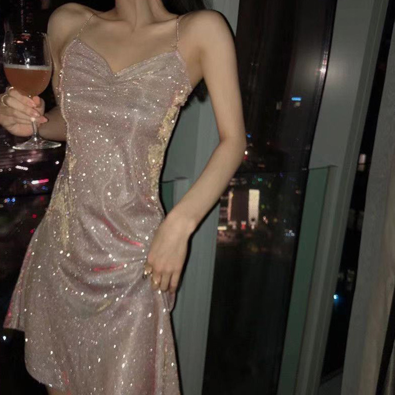 Mermaid Glitter Skirt Sexy V Neck Backless Suspender Dress Slim Fishtail Seaside Beach Skirt