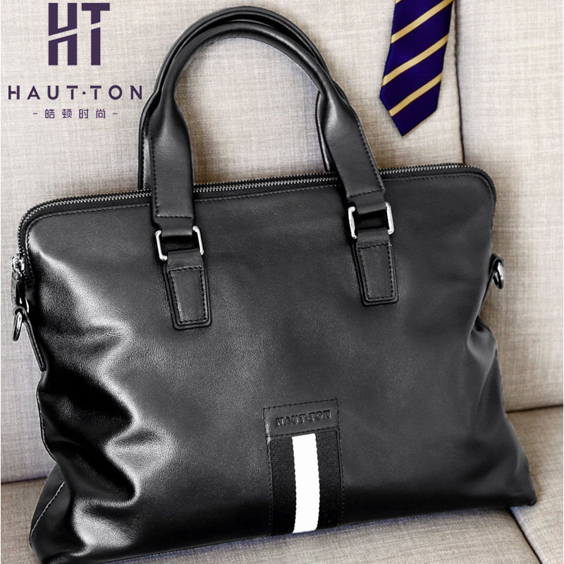 Haunton Handbag Man Genuine Leather Cross Section Single Shoulder Bag Soft Leather Diagonal Satchel Business Double Pull Chain Briefcase Bull Leather Men's Bag
