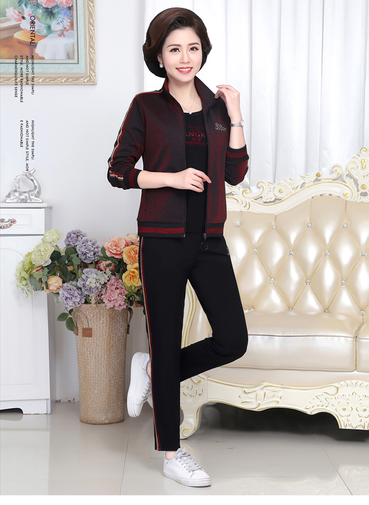 Áo khoác nữ mùa thu cho mẹ trung niên 40 tuổi 50 Bộ đồ thể thao giản dị dành cho phụ nữ trung niên mùa xuân và cotton ba mảnh mùa thu - Thể thao sau bộ thể thao lining nam
