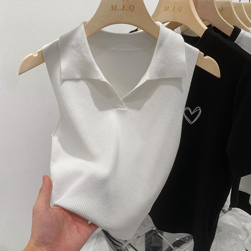 European Style Polo Collar Camisole for Women, New Summer Slim-Fit Thin Sleeveless Ribbed T-Shirt Top, Trendy